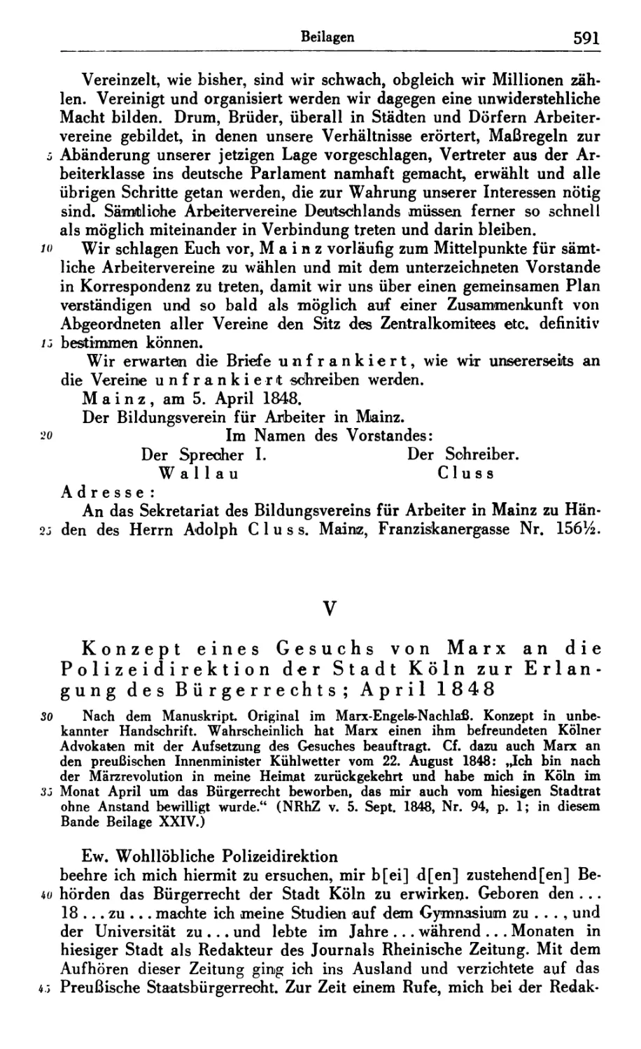 V. Konzept eines Gesuchs von Marx an die Polizeidirektion der Stadt Köln zur Erlangung des Bürgerrechts; April 1848
