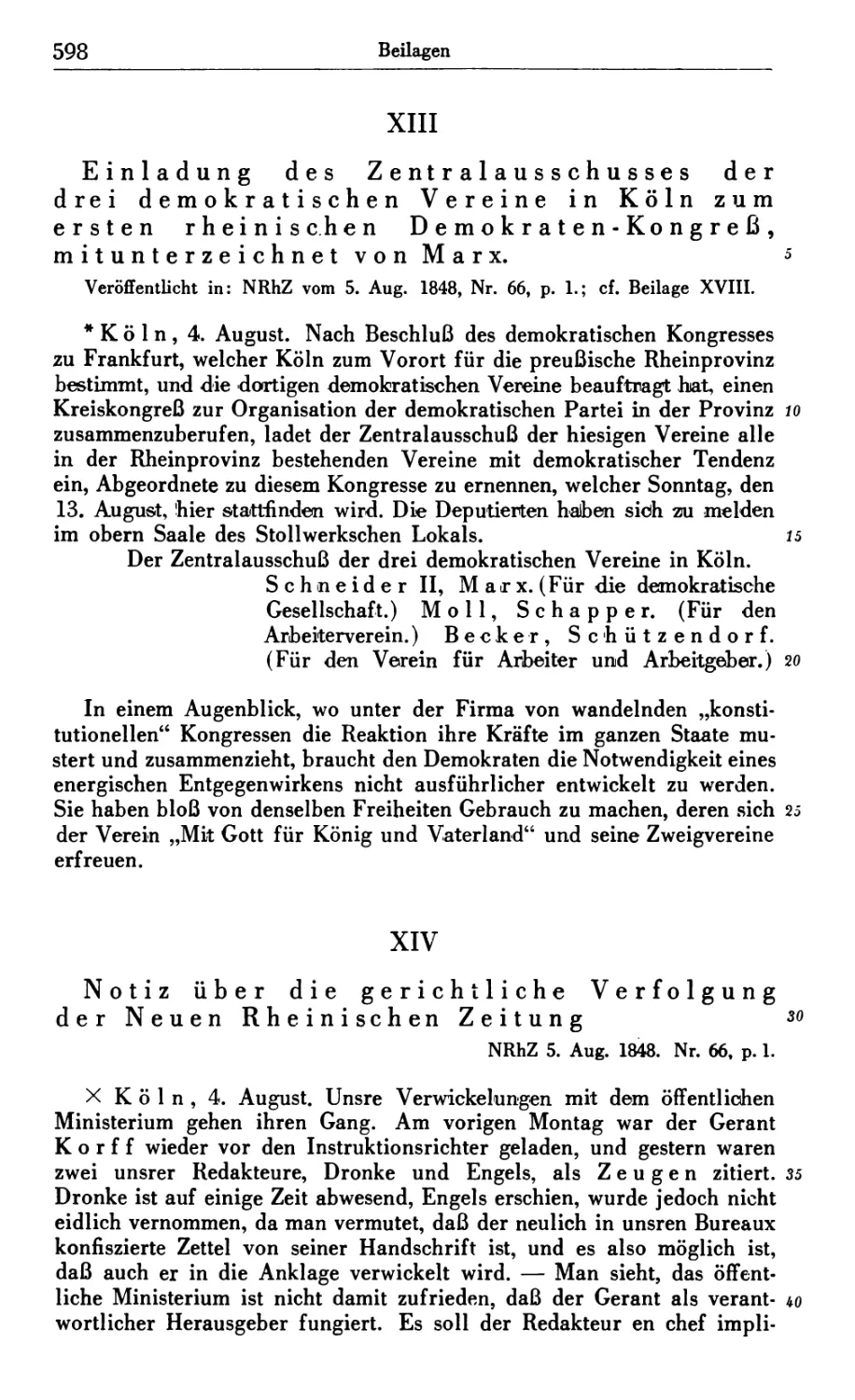 XIII. Einladung des Zentralausschusses der drei demokratischen Vereine in Köln zum ersten rheinischen Demokraten-Kongreß, mitunterzeichnet von Marx
XIV. Notiz über die gerichtliche Verfolgung der Neuen Rheinischen Zeitung