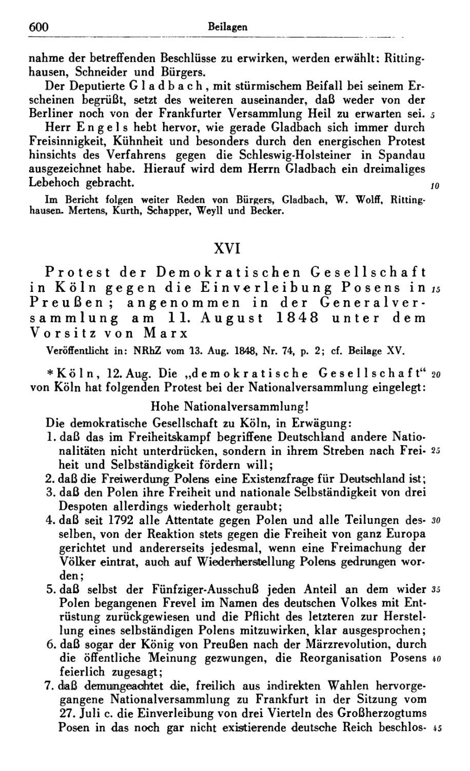 XVI. Protest der Demokratischen Gesellschaft in Köln gegen die Einverleibung Posens in Preußen; angenommen in der Generalversammlung am 11. August 1848 unter dem Vorsitz von Marx
