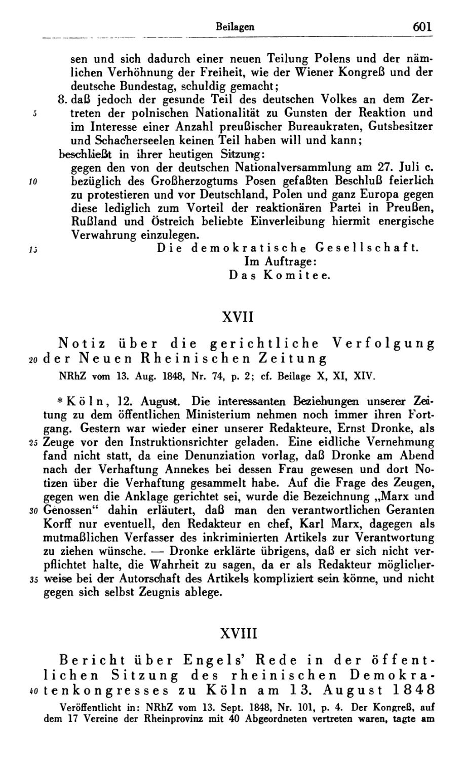 XVII. Notiz über die gerichtliche Verfolgung der Neuen Rheinischen Zeitung
XVIII. Bericht über Engels’ Rede in der öffentlichen Sitzung des rheinischen Demokratenkongresses zu Köln am 13. August 1848