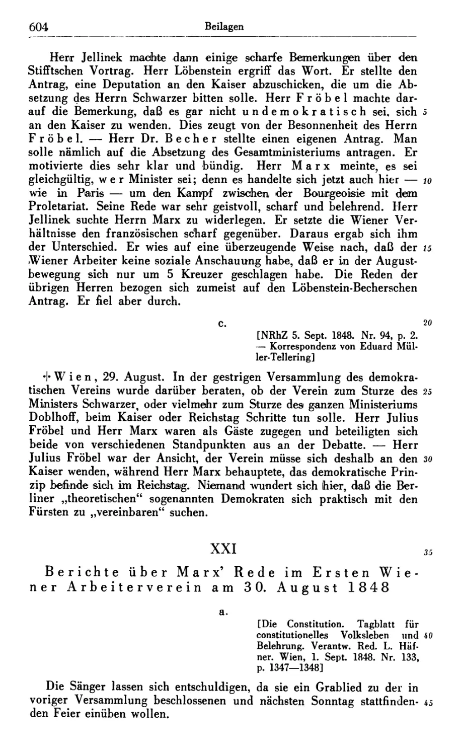 XXI. Berichte über Marx’ Rede im Ersten Wiener Arbeiterverein am 30. August 1848