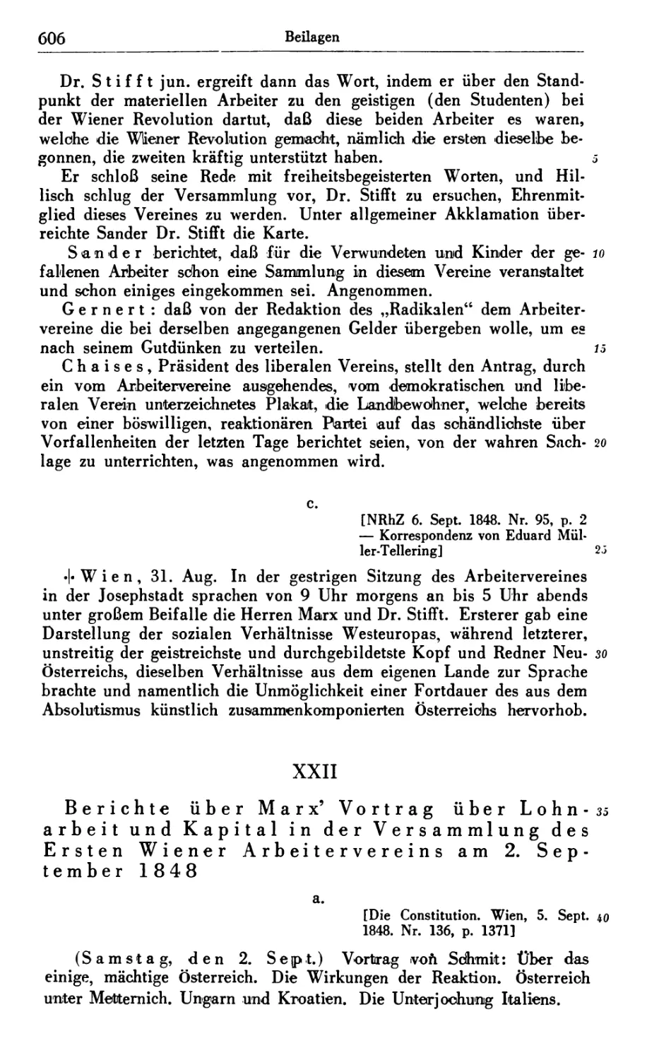 XXII. Berichte über Marx’ Vortrag über Lohnarbeit und Kapital in der Versammlung des Ersten Wiener Arbeitervereins am 2. September 1848