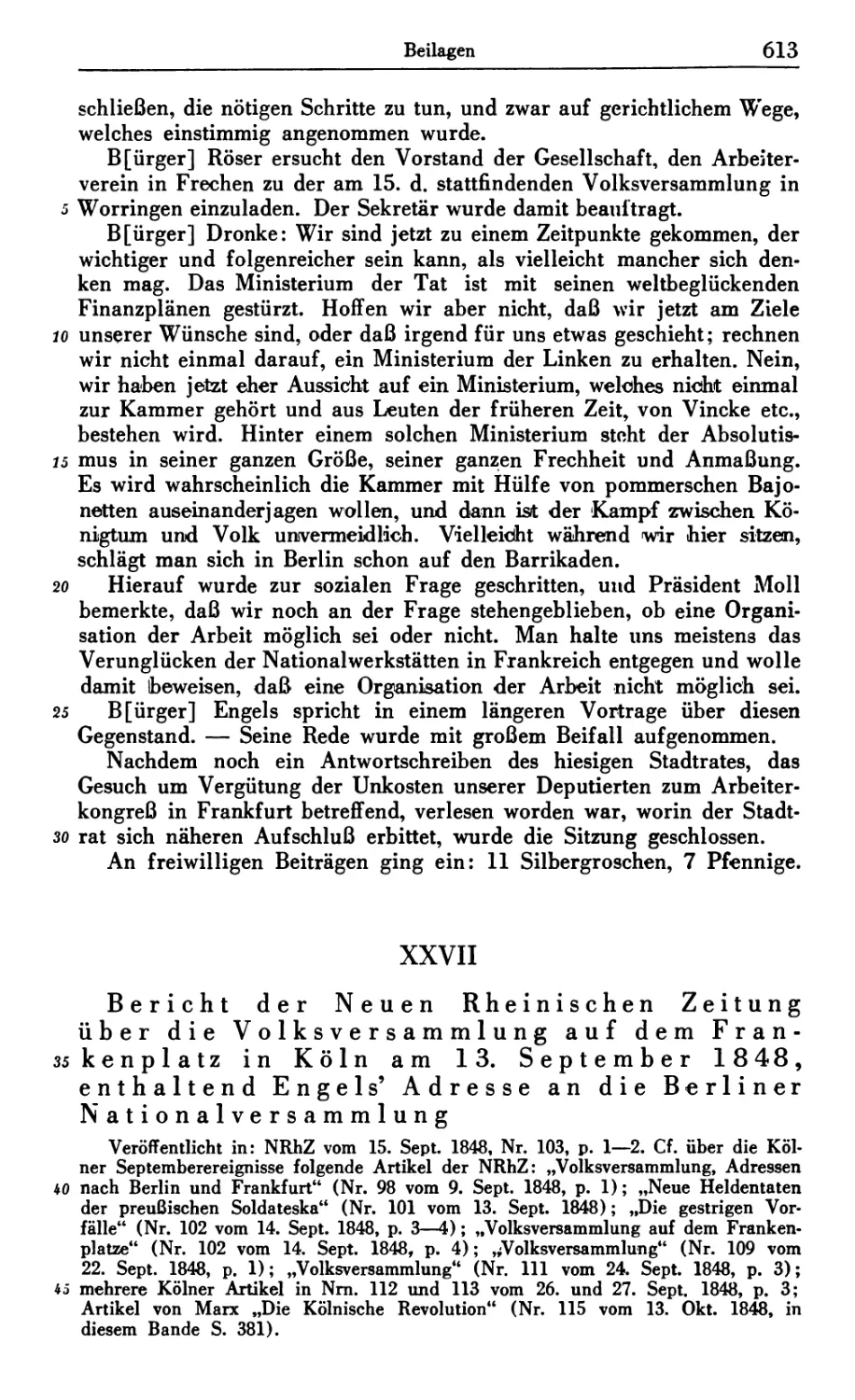 XXVII. Bericht der Neuen Rheinischen Zeitung über die Volksversammlung auf dem Frankenplatz in Köln am 13. September 1848, enthaltend Engels’ Adresse an die Berliner Nationalversammlung