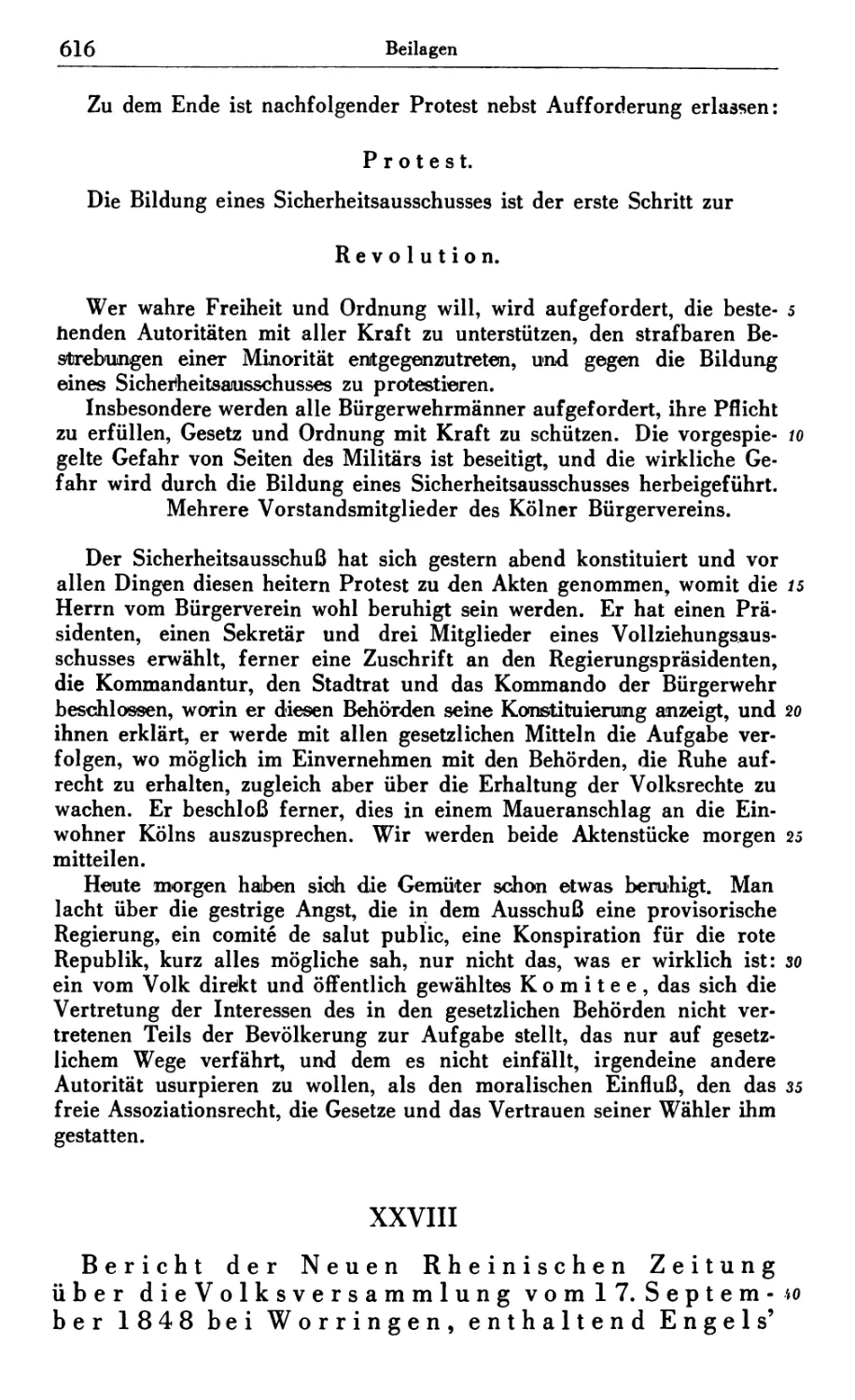 XXVIII. Bericht der Neuen Rheinischen Zeitung über die Volksversammlung vom 17. Septemiber 1848 bei Worringen, enthaltend Engels’ Adresse an die Frankfurter Nationalversammlung