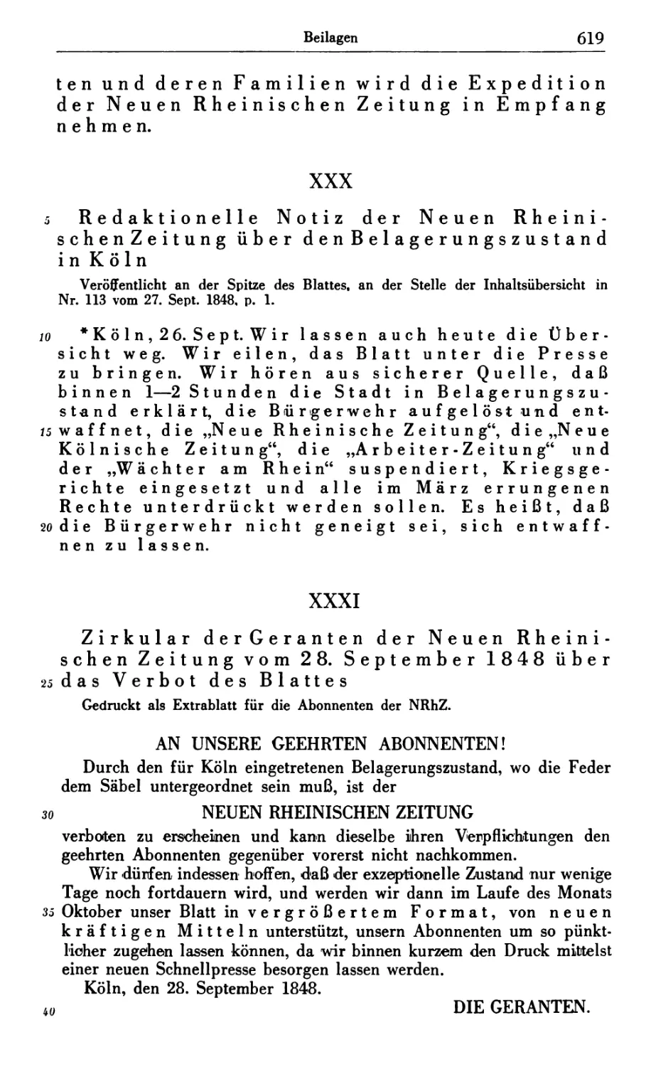 XXX. Redaktionelle Notiz der Neuen Rheinischen Zeitung über den Belagerungszustand in Köln
XXXI. Zirkular der Geranten der Neuen Rheinischen Zeitung vom 28. September 1848 über das Verbot des Blattes