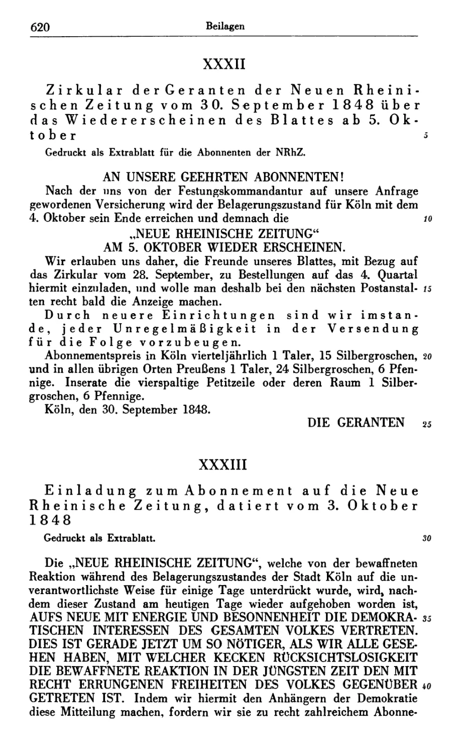 XXXII. Zirkular der Geranten der Neuen Rheinischen Zeitung vom 30. September 1848 über das Wiedererscheinen des Blattes ab 5. Oktober
XXXIII. Einladung zum Abonnement auf die Neue Rheinische Zeitung, datiert vom 3. Oktober 1848