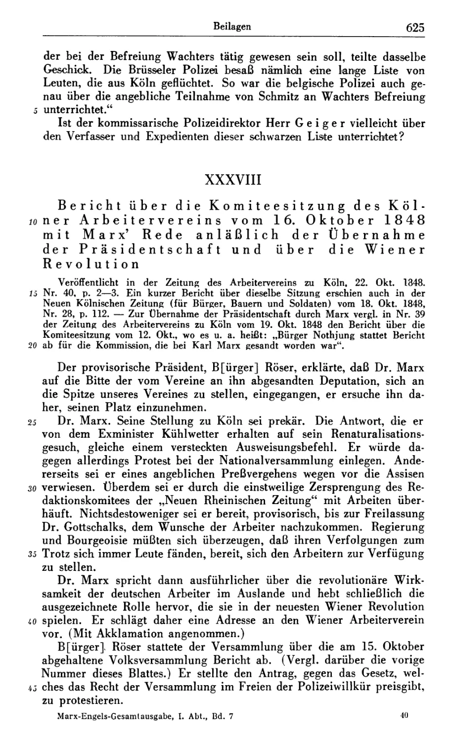 XXXVIII. Bericht über die Komiteesitzung des Kölner Arbeitervereins vom 16. Oktober 1848 mit Marx’ Rede anläßlich der Übernahme der Präsidentschaft und über die Wiener Revolution