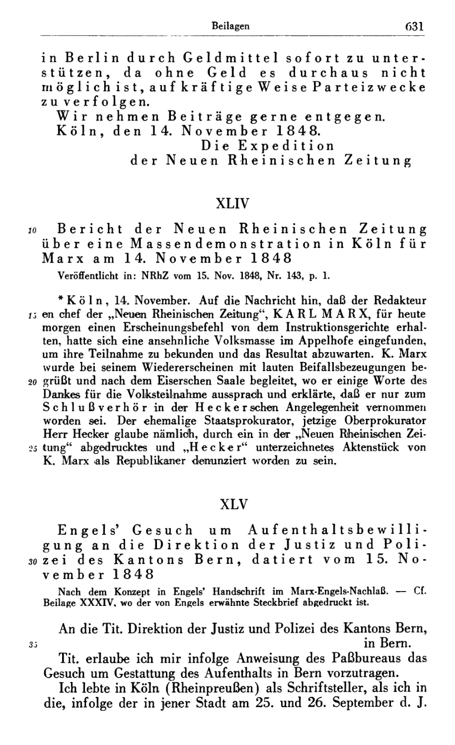 XLIV. Bericht der Neuen Rheinischen Zeitung über eine Massendemonstration in Köln für Marx am 14. November 1848
XLV. Engels’ Gesuch um Aufenthaltsbewilligung an die Direktion der Justiz und Polizei des Kantons Bern, datiert vom 15. November 1848