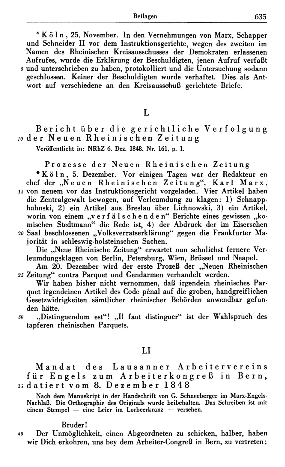 L. Bericht über die gerichtliche Verfolgung der Neuen Rheinischen Zeitung
LI. Mandat des Lausanner Arbeitervereins für Engels zum Arbeiterkongreß in Bern, datiert vom 8. Dezömlber 1848