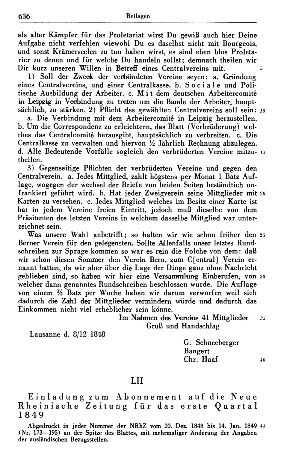LII. Einladung zum Abonnement auf die Neue Rheinische Zeitung für das erste Quartal 1849