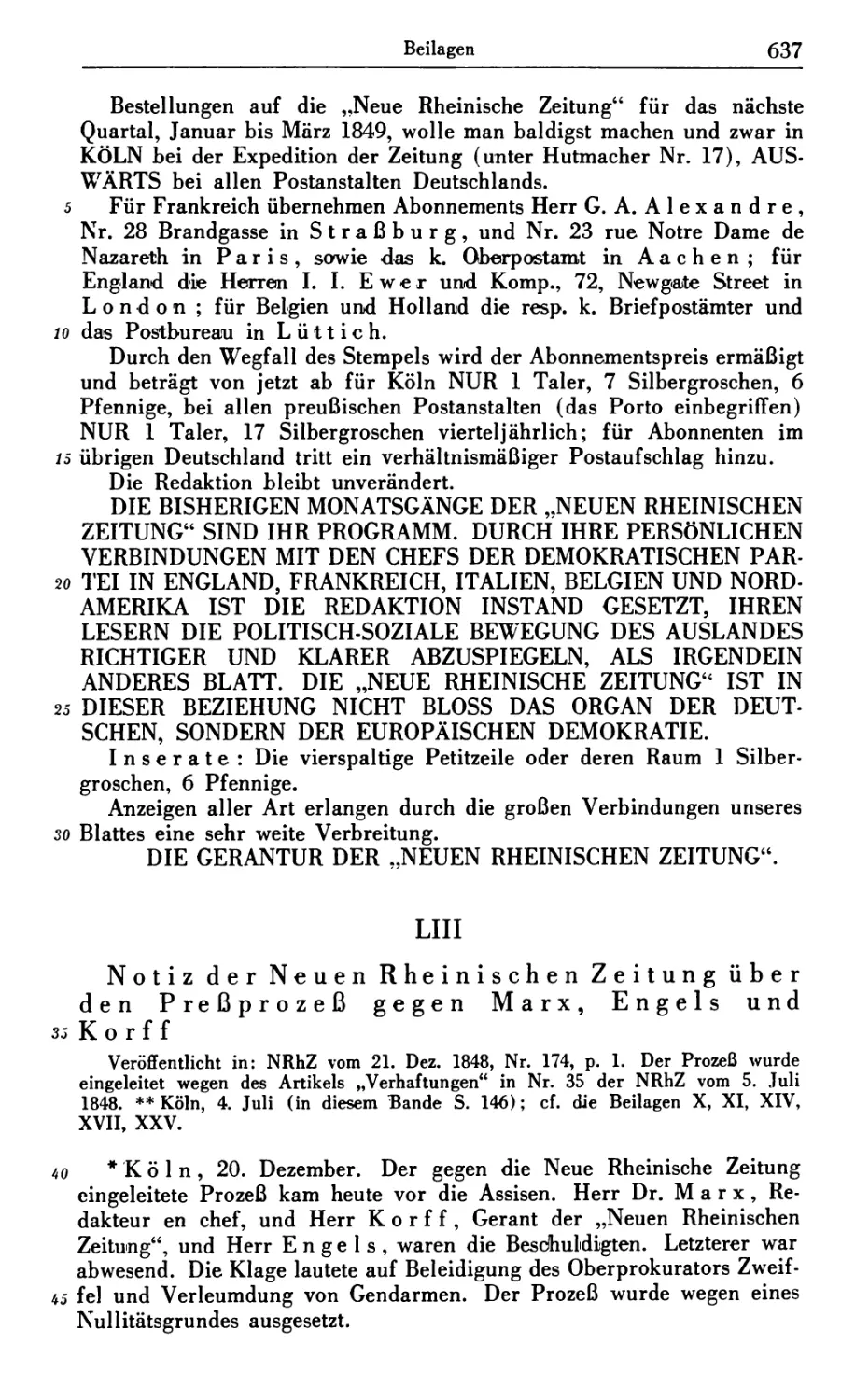 LIII. Notiz der Neuen Rheinischen Zeitung über den Preßprozeß gegen Marx, Engels und Korff