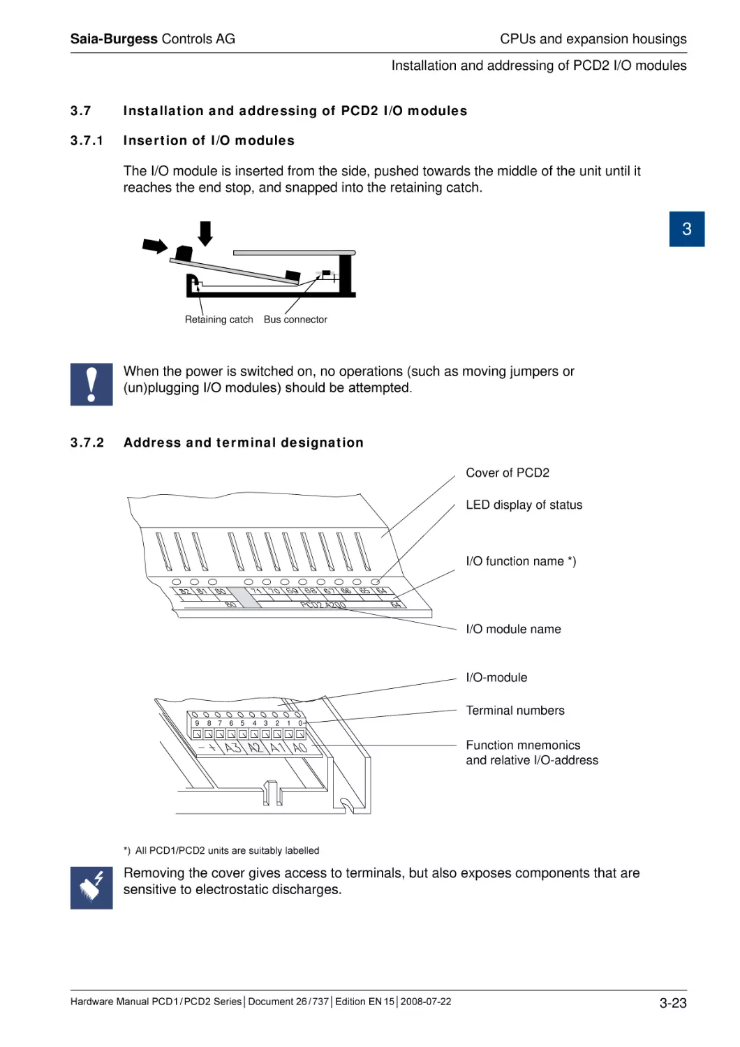 3.7	Installation and addressing of PCD2 I/O modules
3.7.1	Insertion of I/O modules
3.7.2	Address and terminal designation