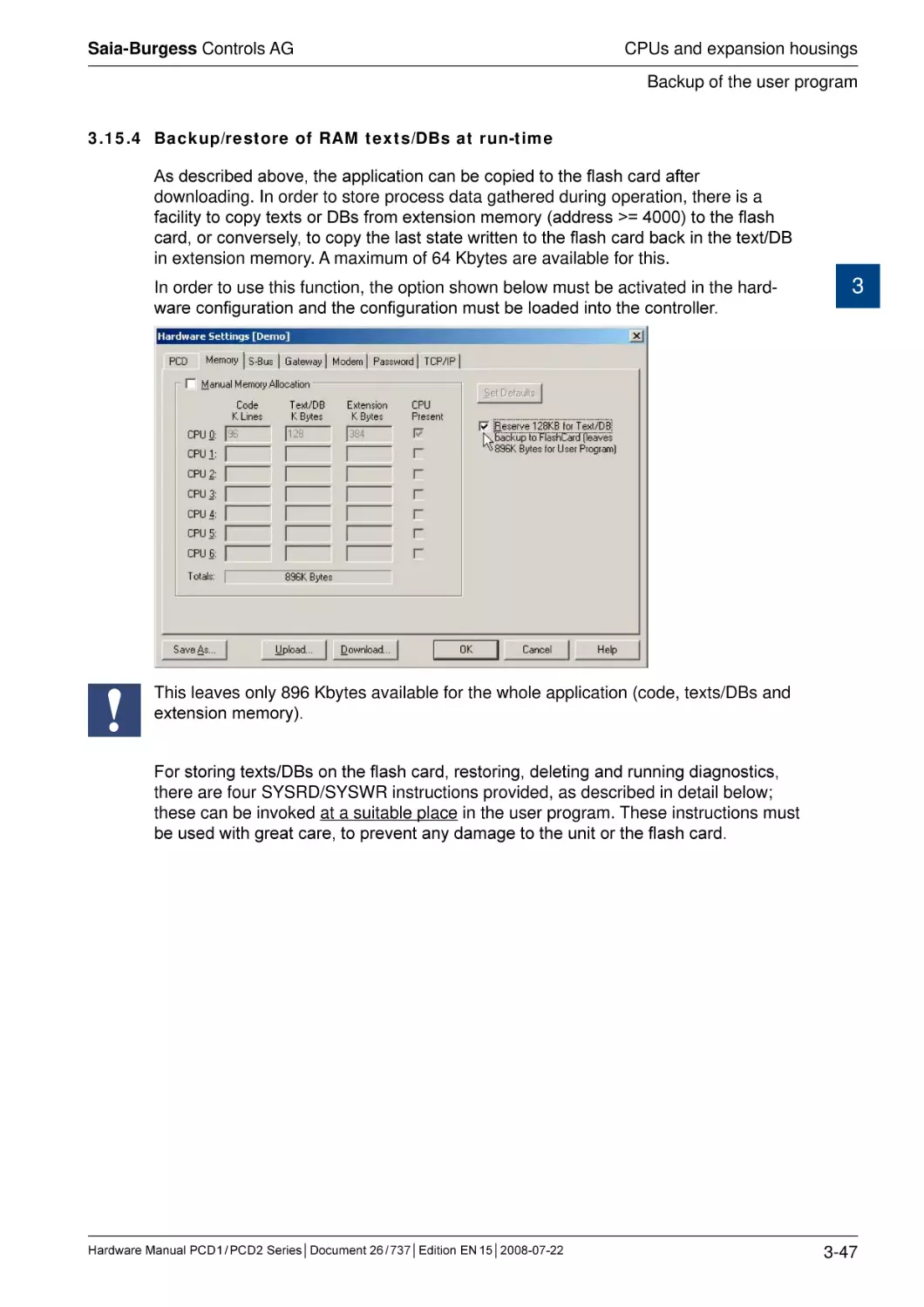 3.15.4	Backup/restore of RAM texts/DBs at run-time