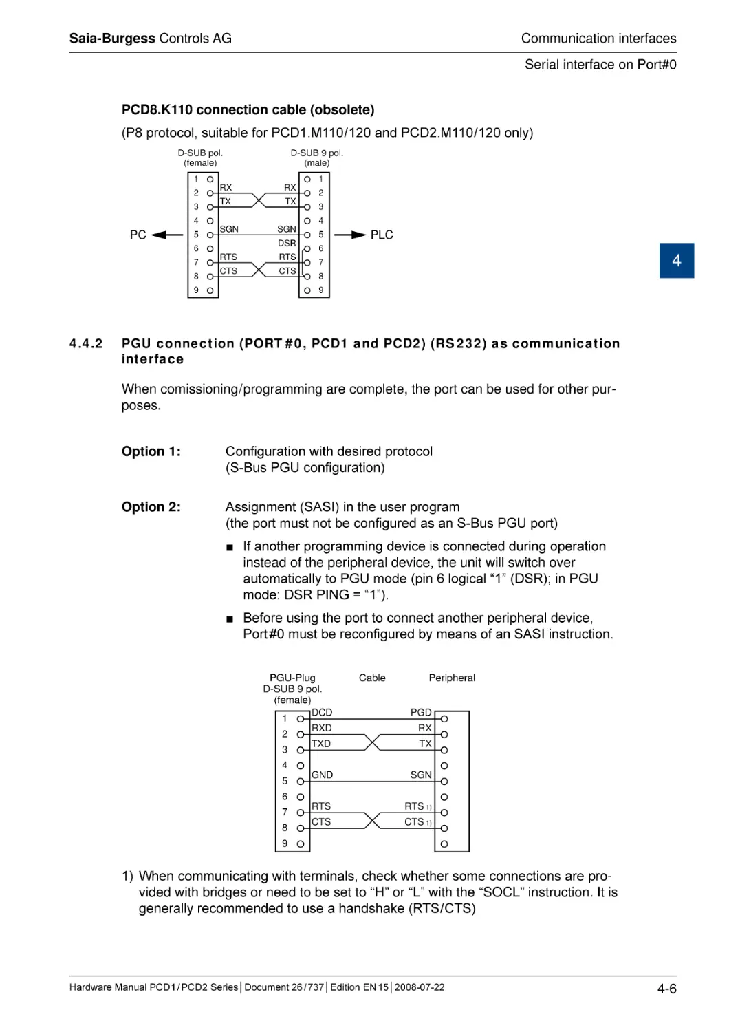 4.4.2	PGU connection (PORT # 0, PCD1 and PCD2) (RS 232) as communication interface