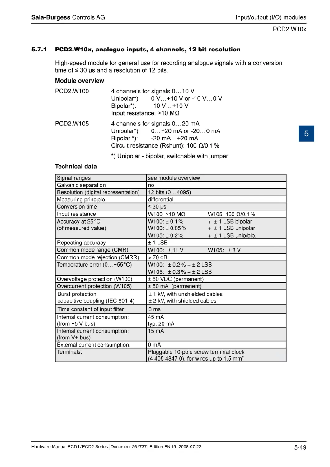 5.7.1	PCD2.W10x, analogue inputs, 4 channels, 12 bit resolution