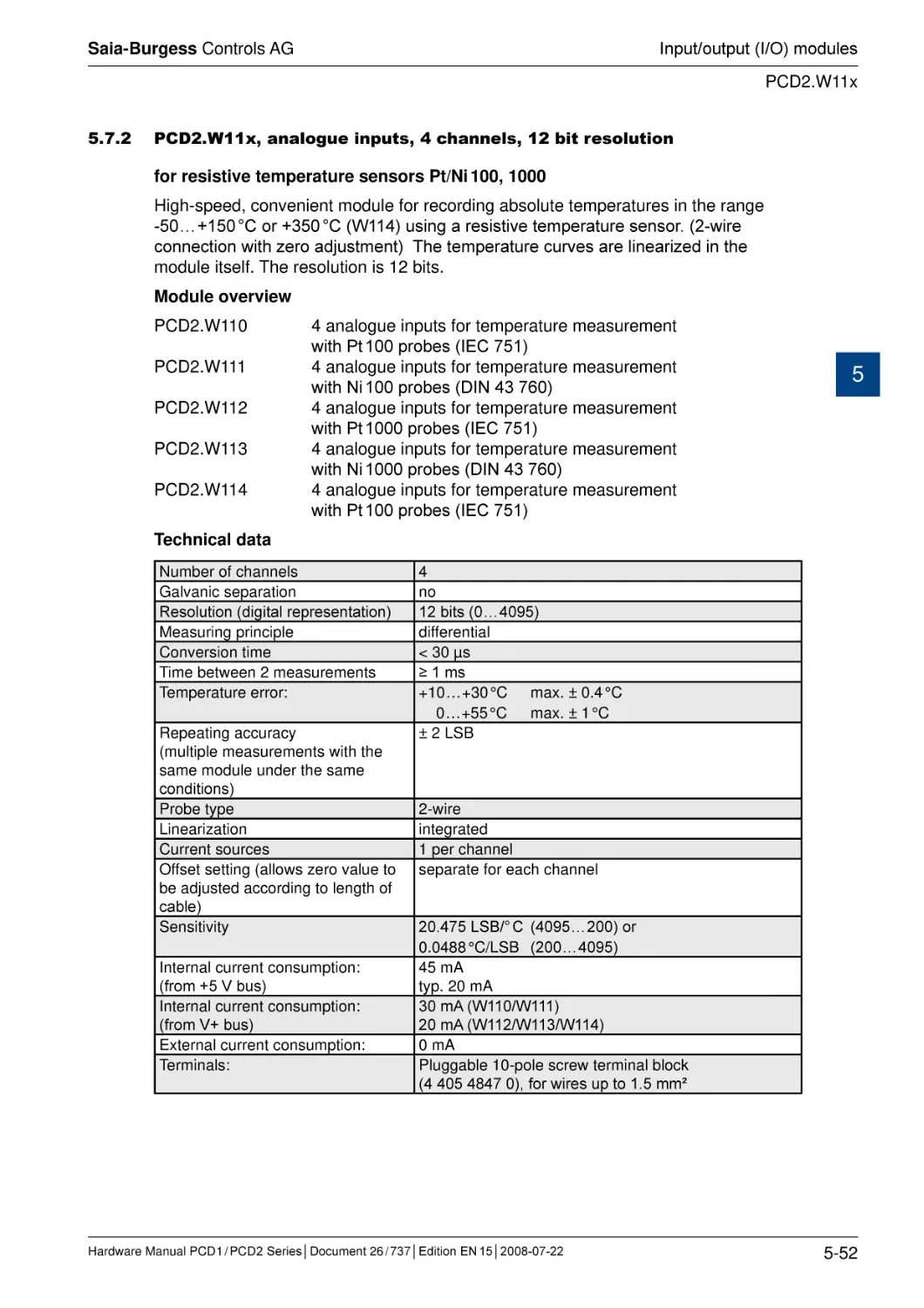 5.7.2	PCD2.W11x, analogue inputs, 4 channels, 12 bit resolution