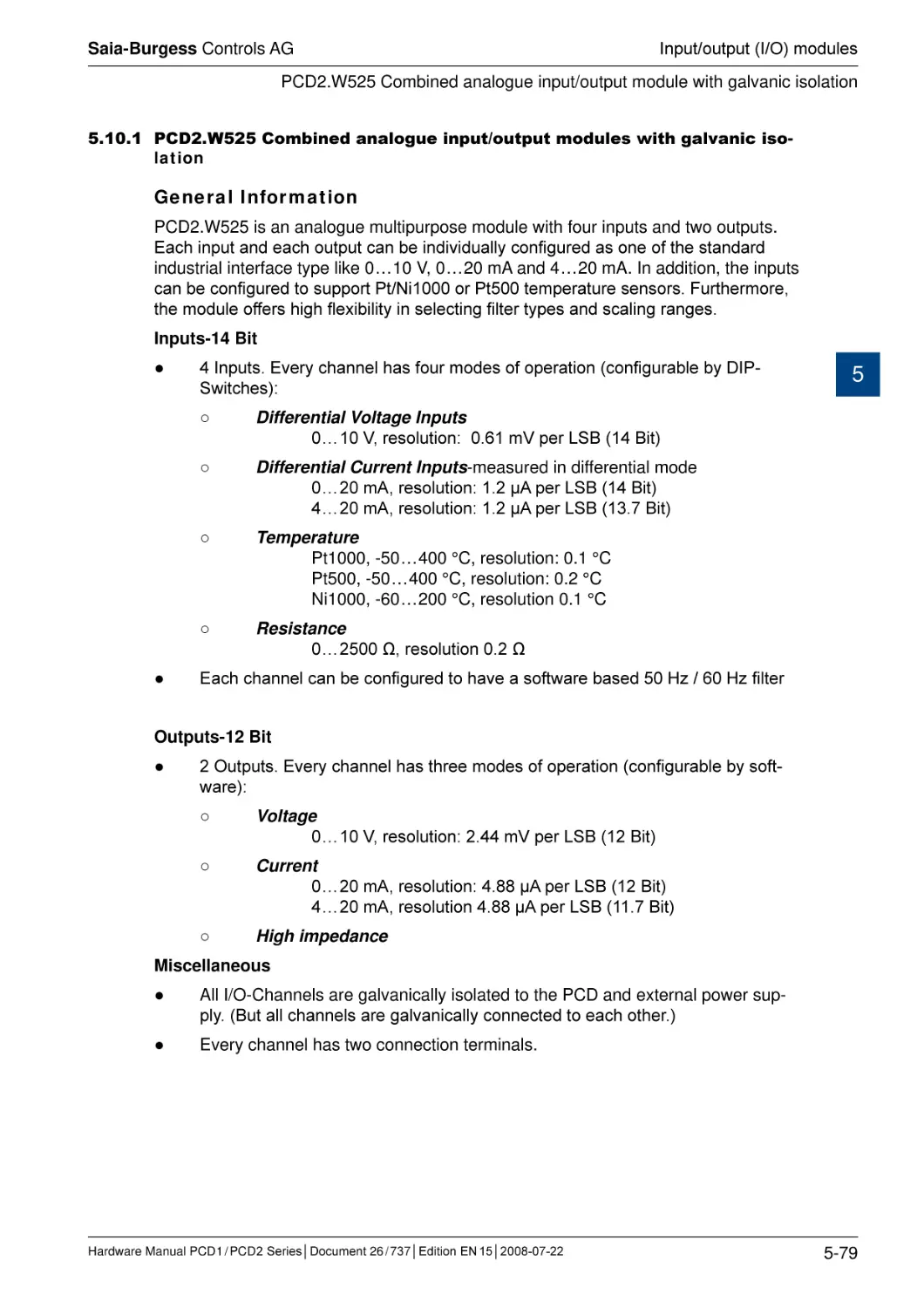 5.10.1	PCD2.W525 Combined analogue input/output modules with galvanic isolation