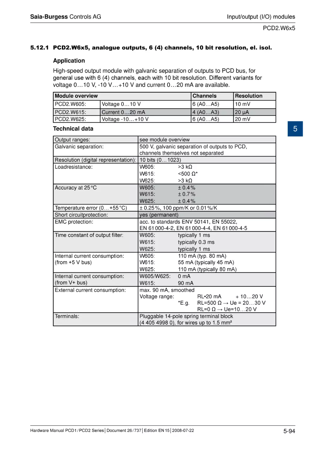 5.12.1	PCD2.W6x5, analogue outputs, 6 (4) channels, 10 bit resolution, el. isol.