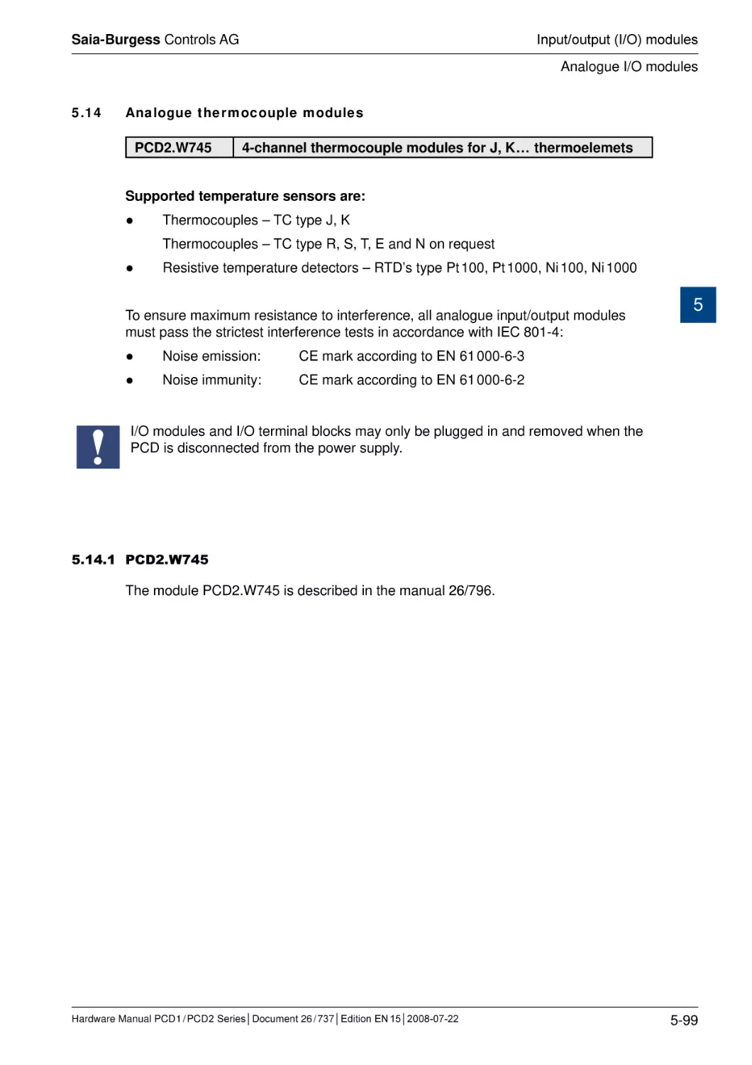 5.14	Analogue thermocouple modules
5.14.1	PCD2.W745