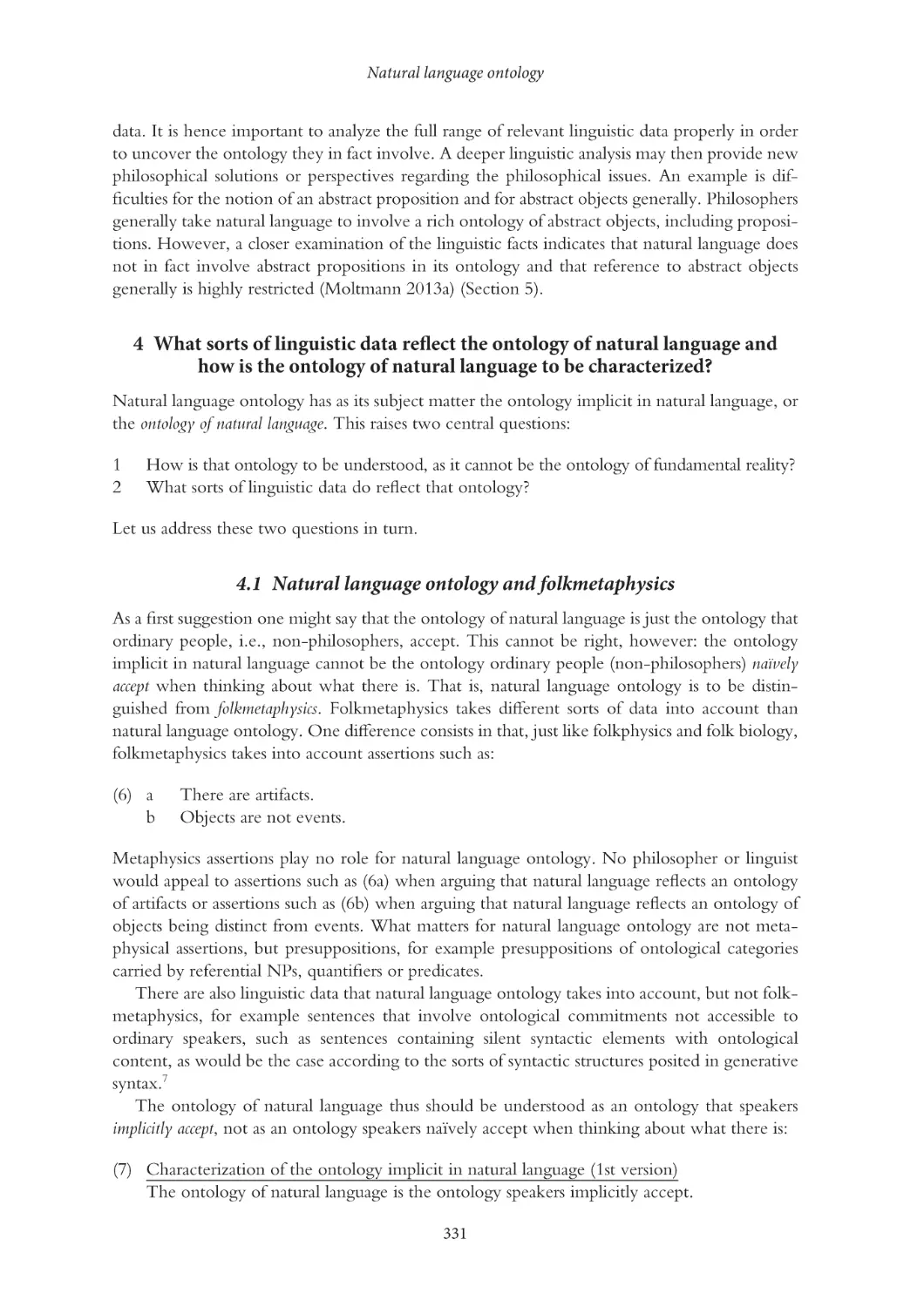 4 What sorts of linguistic data reflect the ontology of natural language and how is the ontology of natural language to be characterized?