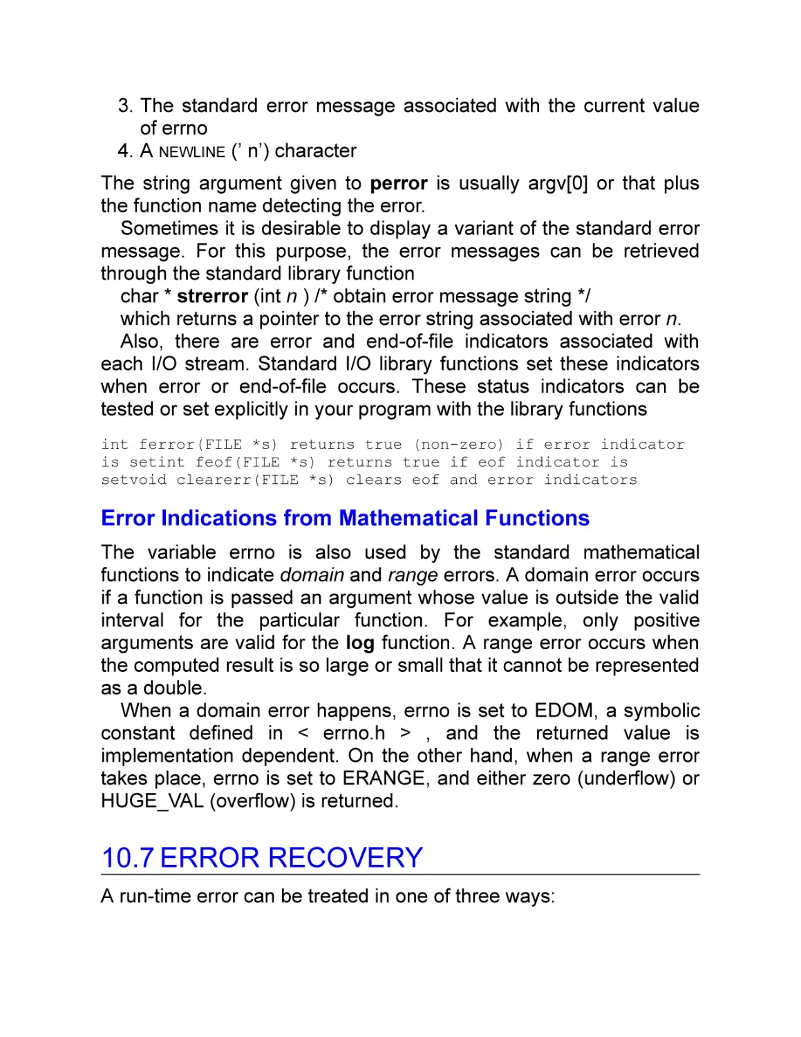 Error Indications from Mathematical Functions
10.7 Error Recovery