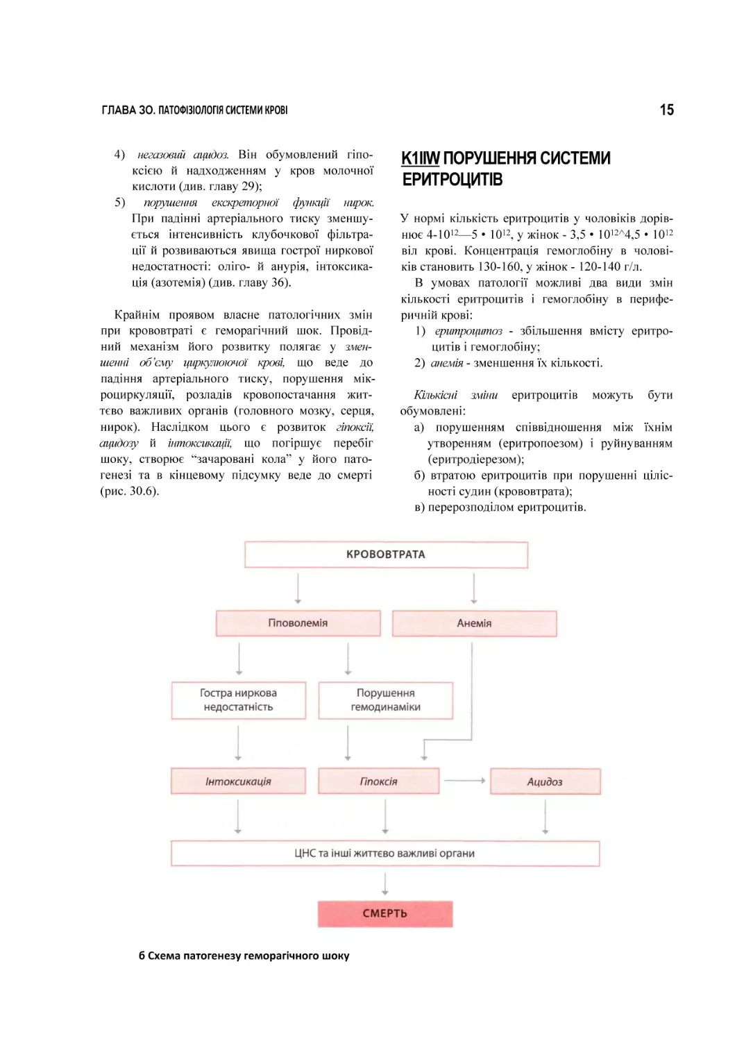 K1IIW ПОРУШЕННЯ СИСТЕМИ ЕРИТРОЦИТІВ
б Схема патогенезу геморагічного шоку