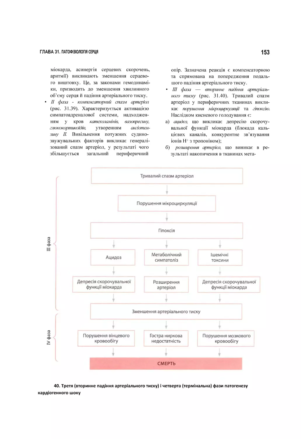 40. Третя (вторинне падіння артеріального тиску) і четверта (термінальна) фази патогенезу кардіогенного шоку