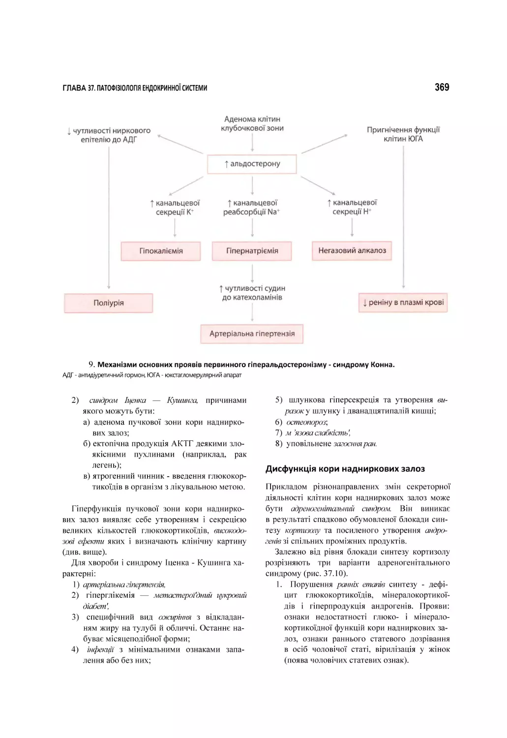 9. Механізми основних проявів первинного гіперальдостеронізму - синдрому Конна. АДГ - антидіуретичний гормон, ЮГА - юкстагломерулярний апарат
Дисфункція кори надниркових залоз