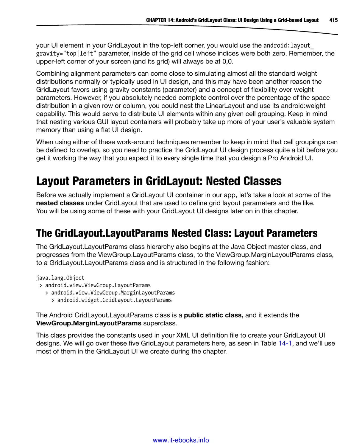 Layout Parameters in GridLayout
The GridLayout.LayoutParams Nested Class