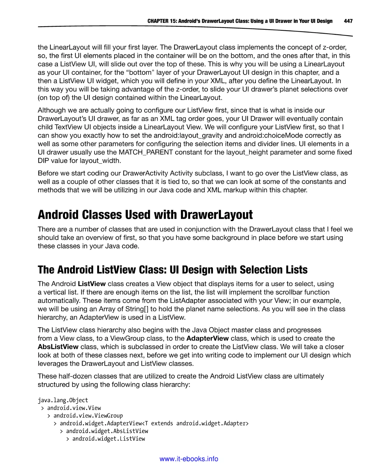 Android Classes Used with DrawerLayout
The Android ListView Class