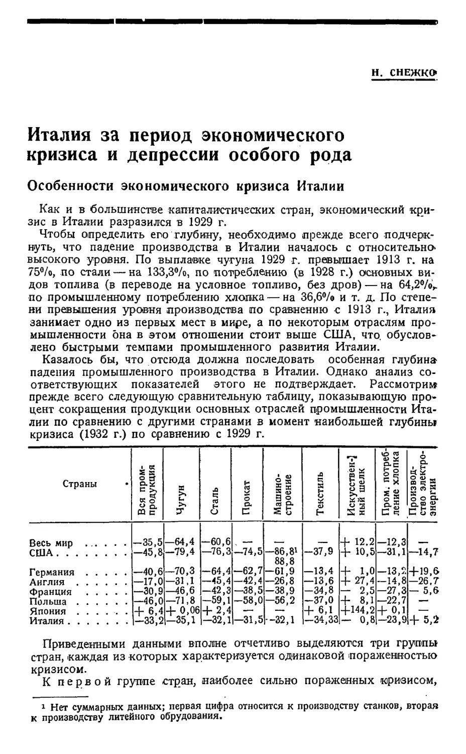 Н. Снежко — Италия за период экономического кризиса и депрессии особого рода.