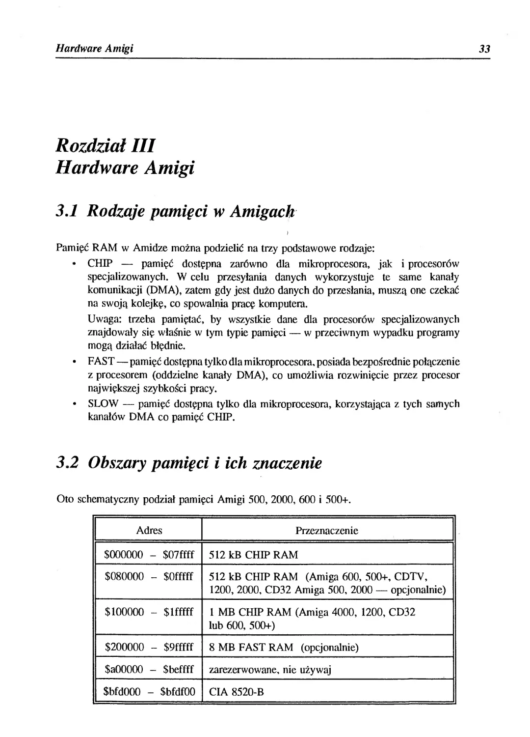 Rozdział III - Hardware Amigi
3.2 Obszary pamięci i ich znaczenie