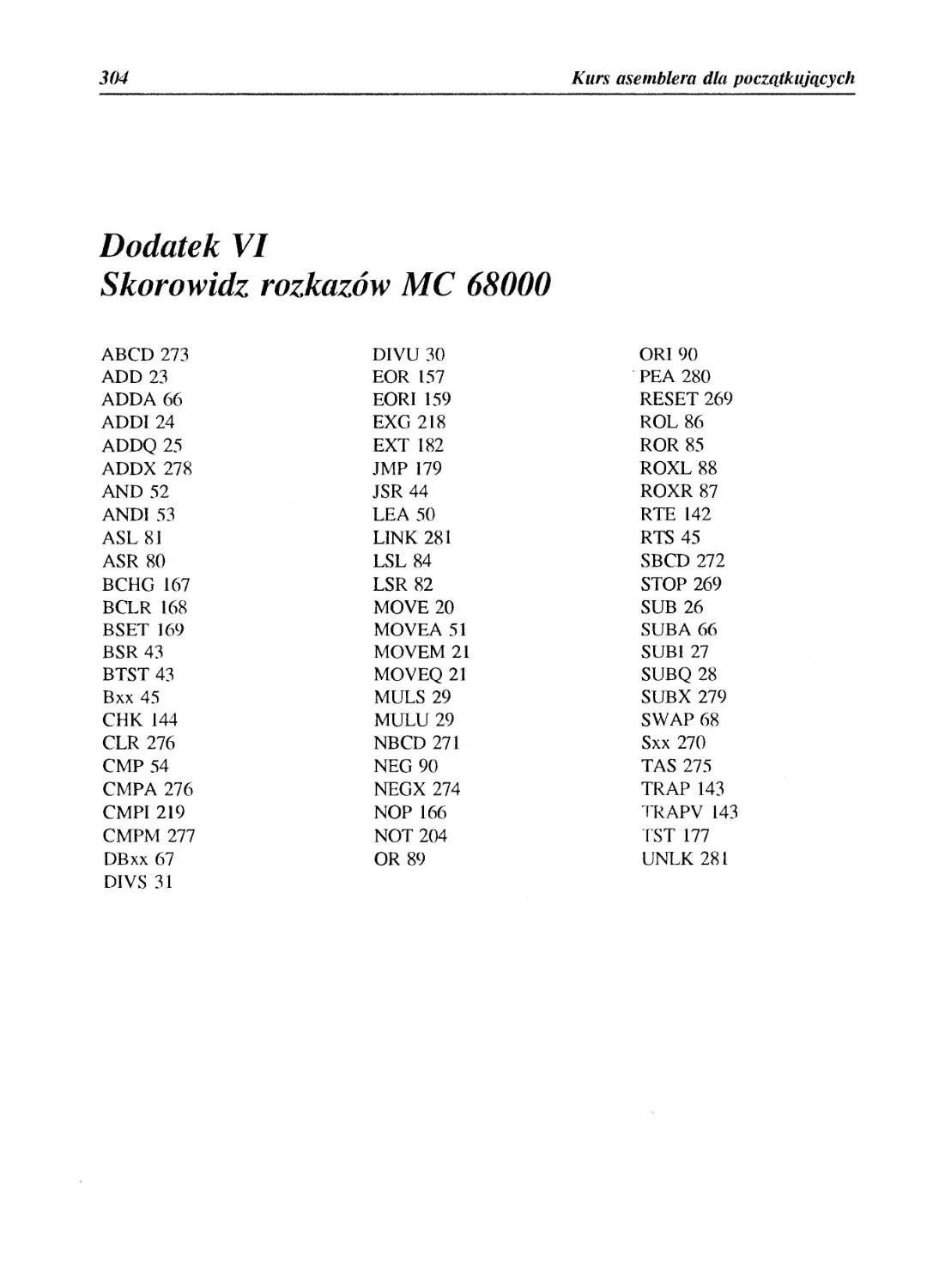 Dodatek VI - Skorowidz rozkazów MC 68000