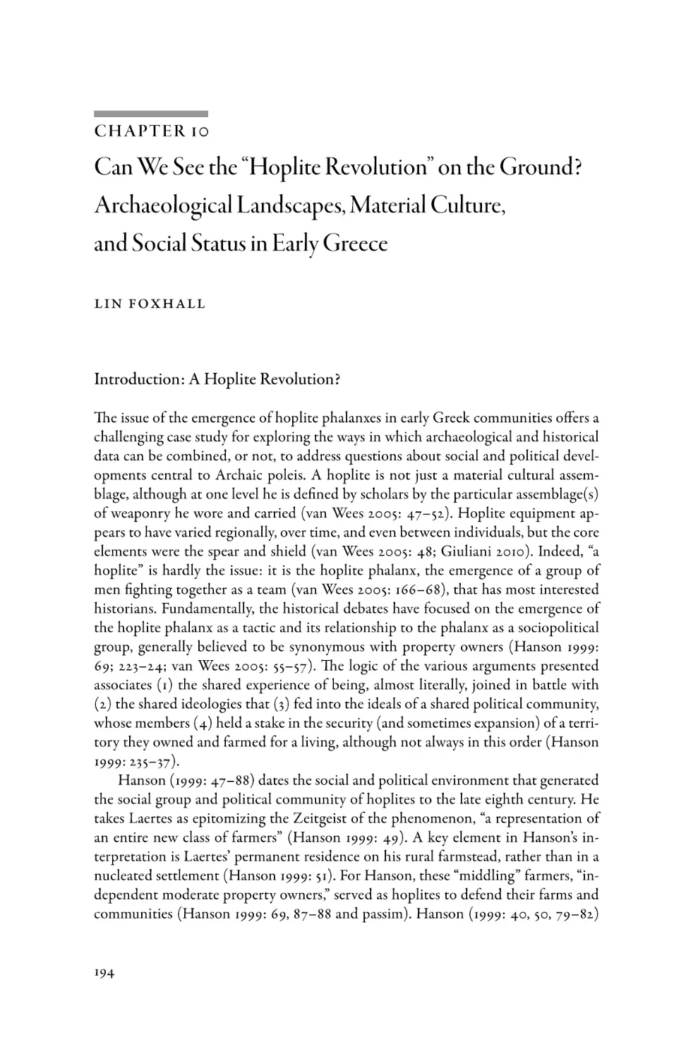 CHAPTER 10. Can We See the “Hoplite Revolution” on the Ground? Archaeological Landscapes, Material Culture, and Social Status in Early Greece