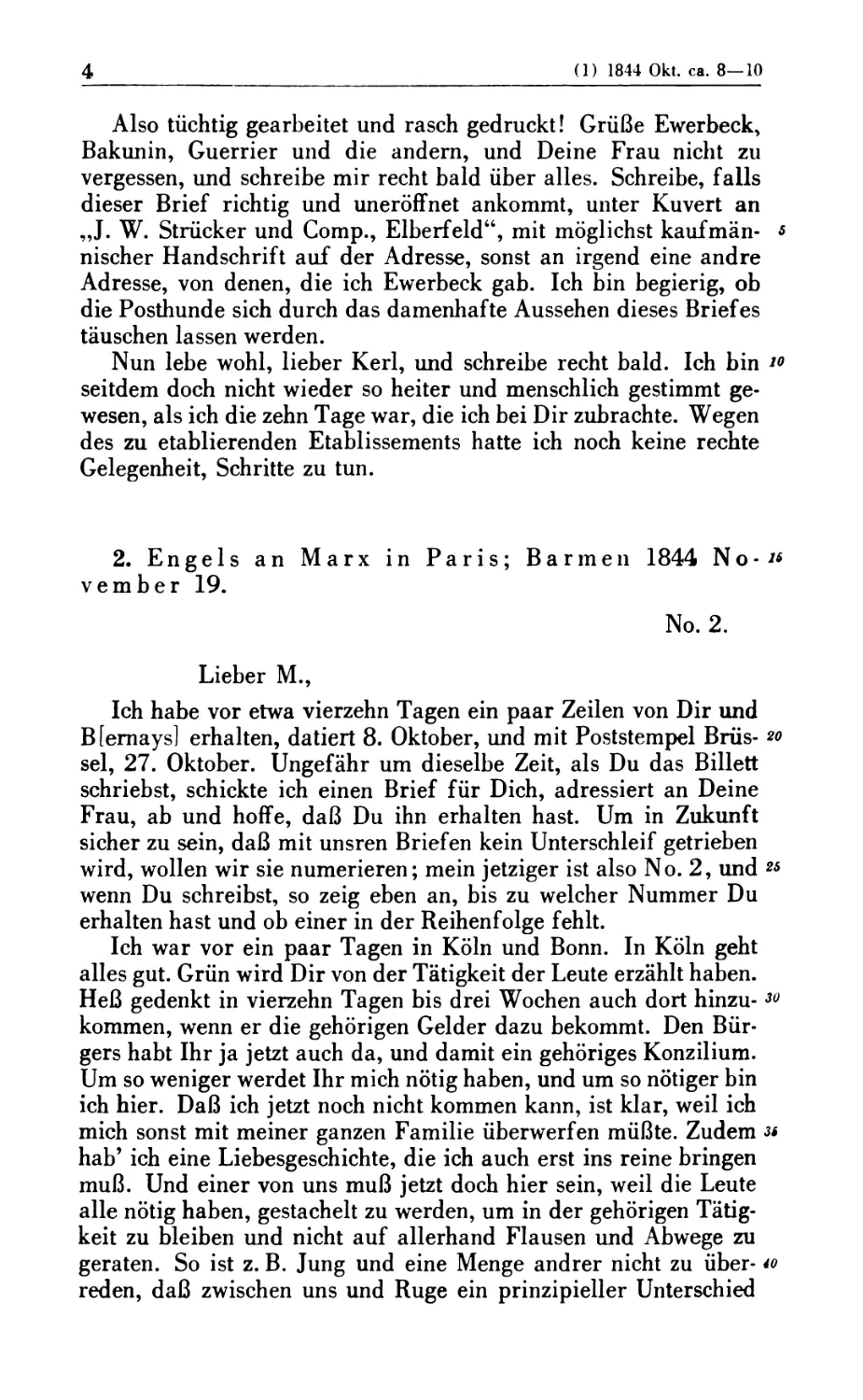 2. Engels an Marx in Paris; Barmen 1844 November 19