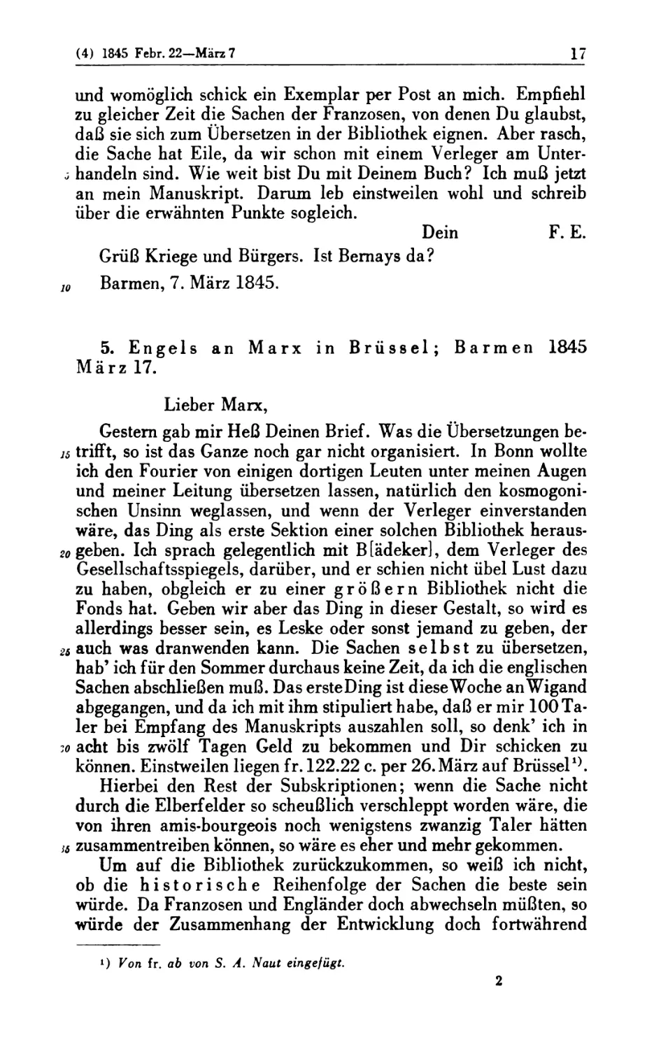 5. Engels an Marx in Brüssel; Barmen 1845 März 17