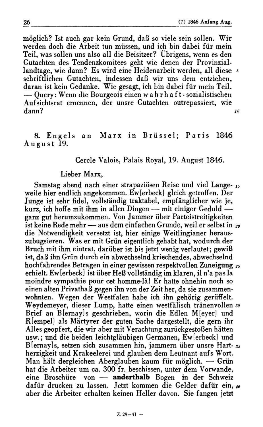 8. Engels an Marx in Brüssel; Paris 1846 August 19