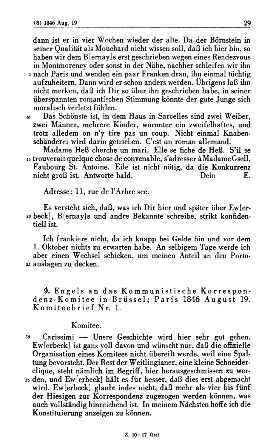 9. Engels an das Kommunistische Korrespondenz-Komitee in Brüssel; Paris 1846 August 19. Komiteebrief Nr. 1