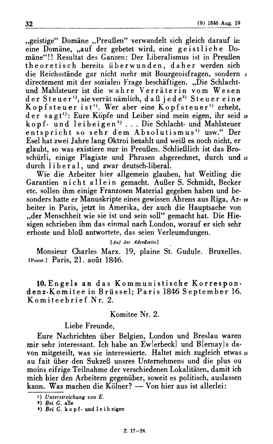 10. Engels an das Kommunistische Korrespondenz-Komitee in Brüssel; Paris 1846 September 16. Komiteebrief Nr. 2
