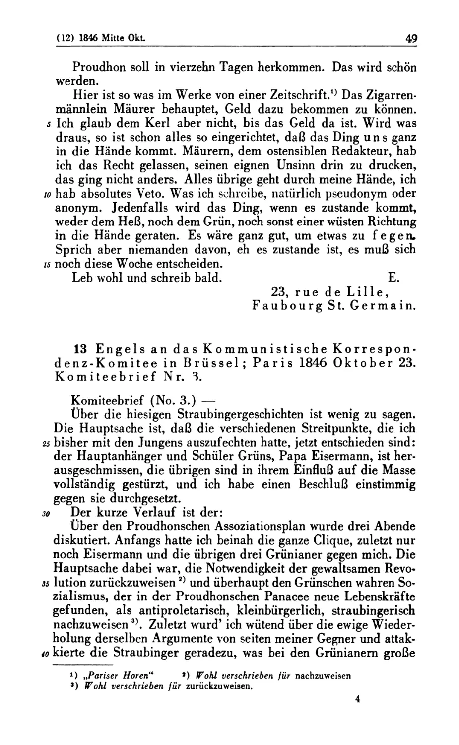 13. Engels an das Kommunistische Korrespondenz-Komitee in Brüssel; Paris 1846 Oktober 23. Komiteebrief Nr. 3