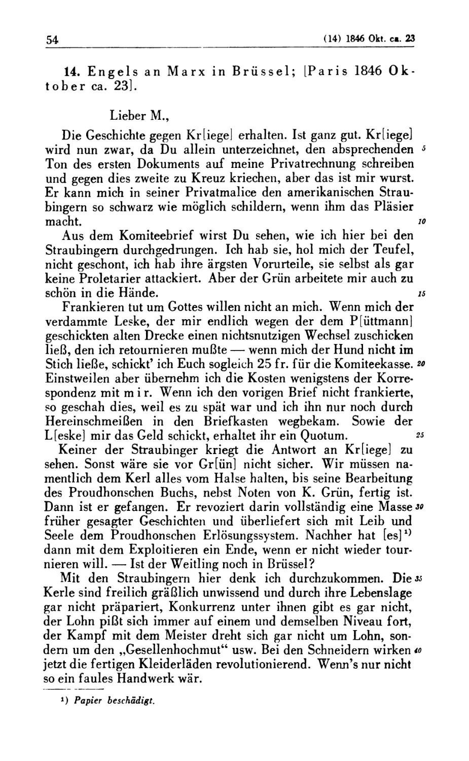 14. Engels an Marx in Brüssel; [Paris 1846 Oktober ca. 23]