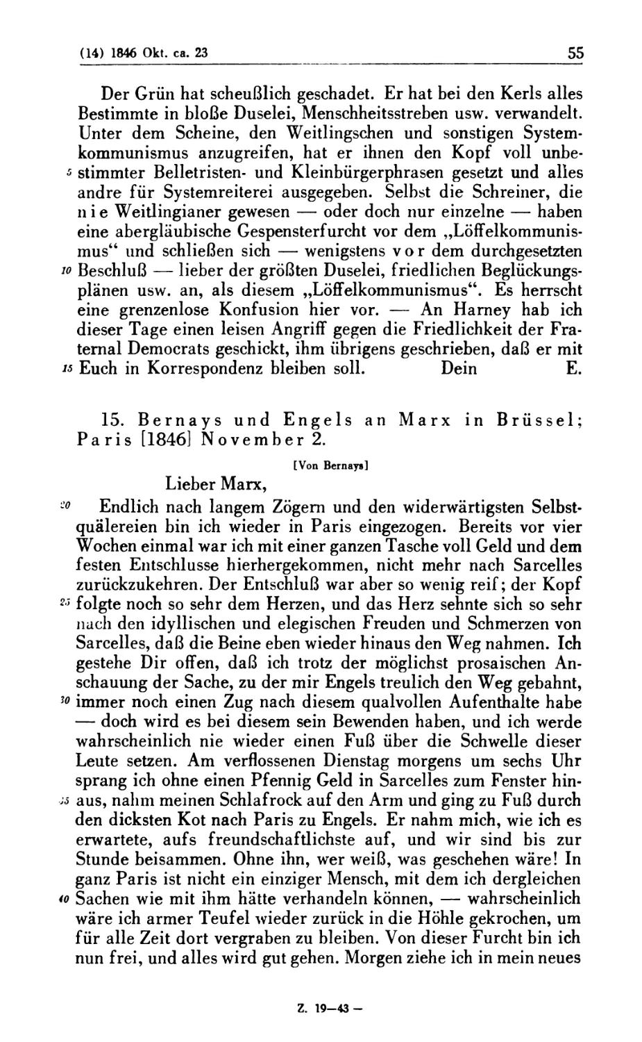 15. Bernays und Engels an Marx in Brüssel; Paris [1846] November 2
