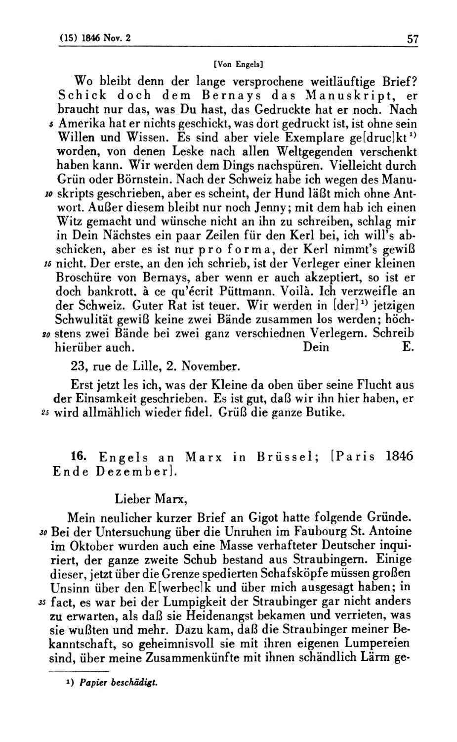 16. Engels an Marx in Brüssel; [Paris 1846 Ende Dezember]