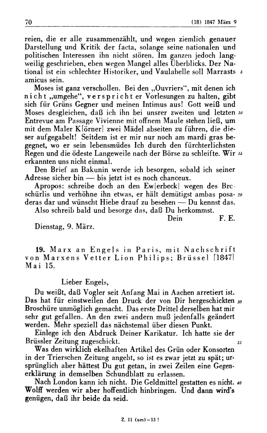 19. Marx an Engels in Paris, mit Nachschrift von Marxens Vetter Lion Philips; Brüssel [1847] Mai 15