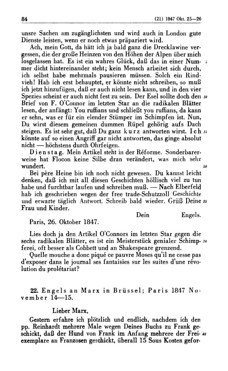 22. Engels an Marx in Brüssel; Paris 1847 November 14—15