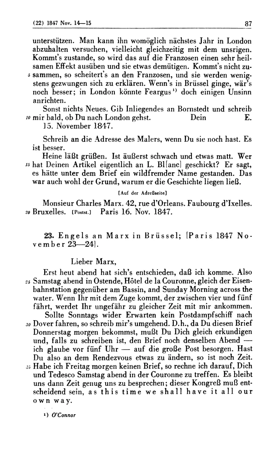 23. Engels an Marx in Brüssel; [Paris 1847 November 23—24]