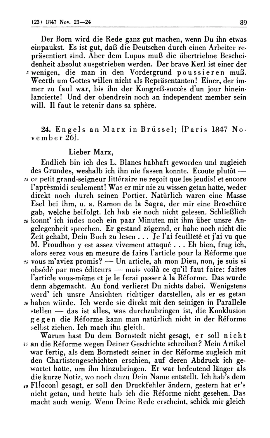 24. Engels an Marx in Brüssel: [Paris 1847 November 26]