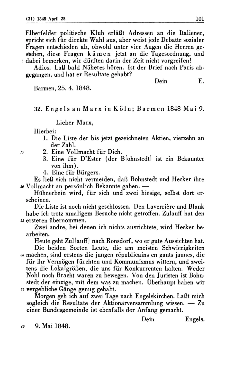 32. Engels an Marx in Köln; Barmen 1848 Mai 9