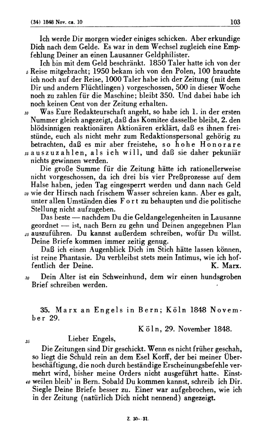 35. Marx an Engels in Bern; Köln 1848 November 29