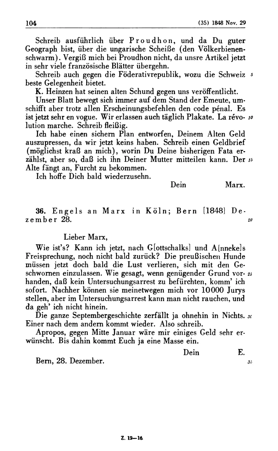 36. Engels an Marx in Köln; Bem [1848] Dezember 28